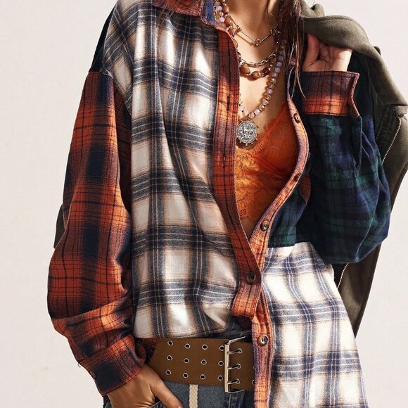 Multicolor Boho Women's Patchwork Long Sleeve Button-Up Plaid Blouse - Picture 7 of 7